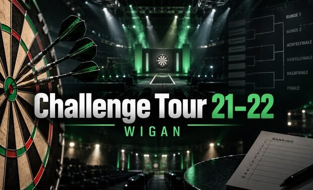 Dartboard und Turnierbühne zur Winmau Challenge Tour 21 und 22 in Wigan