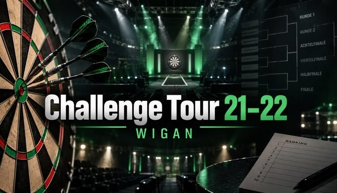 Dartboard und Turnierbühne zur Winmau Challenge Tour 21 und 22 in Wigan