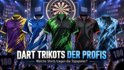 Dart Trikots der Profis vor einer Darts Bühne mit Dartscheibe