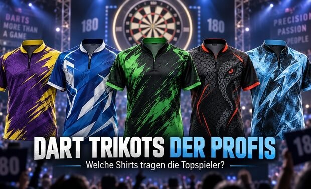 Dart Trikots der Profis vor einer Darts Bühne mit Dartscheibe