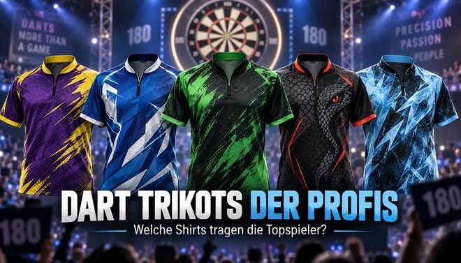 Dart Trikots der Profis vor einer Darts Bühne mit Dartscheibe