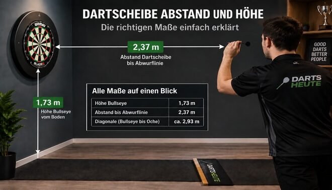 Dartscheibe Abstand und Höhe mit 2,37 Meter Entfernung und 1,73 Meter Bullseye-Höhe