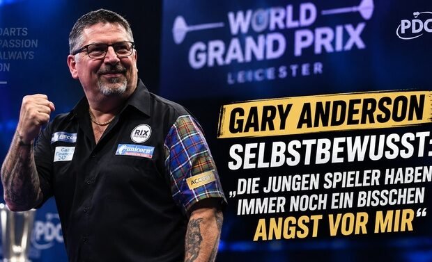 Gary Anderson beim World Grand Prix 2026 in Leicester nach seinem Sieg gegen Damon Heta
