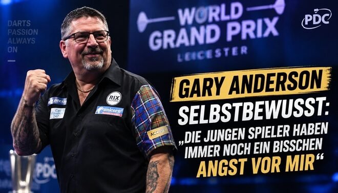 Gary Anderson beim World Grand Prix 2026 in Leicester nach seinem Sieg gegen Damon Heta