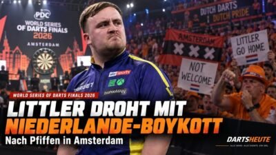 Luke Littler bei den World Series of Darts Finals 2026 in Amsterdam vor einer kritischen niederländischen Kulisse