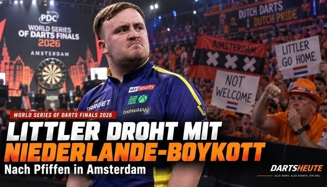 Luke Littler bei den World Series of Darts Finals 2026 in Amsterdam vor einer kritischen niederländischen Kulisse