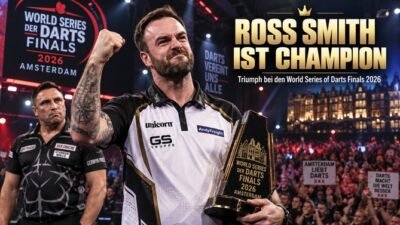 Ross Smith mit dem Titel der World Series of Darts Finals 2026 in Amsterdam