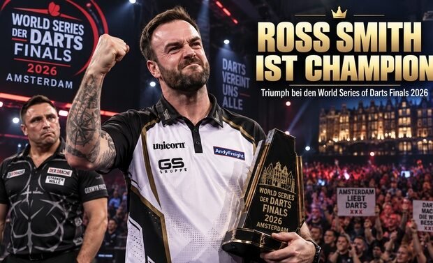 Ross Smith mit dem Titel der World Series of Darts Finals 2026 in Amsterdam