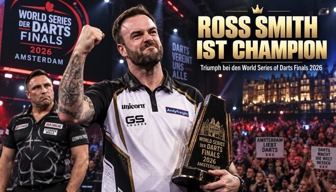 Ross Smith mit dem Titel der World Series of Darts Finals 2026 in Amsterdam