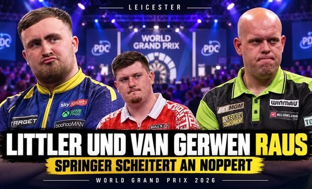 Luke Littler, Michael van Gerwen und Niko Springer nach ihren Niederlagen beim World Grand Prix 2026 in Leicester