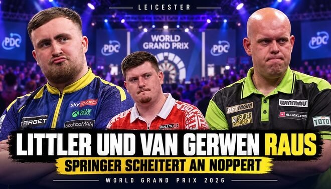 Luke Littler, Michael van Gerwen und Niko Springer nach ihren Niederlagen beim World Grand Prix 2026 in Leicester