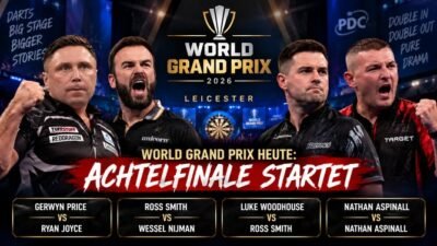 Gerwyn Price, Ross Smith, Luke Woodhouse und Nathan Aspinall vor dem Achtelfinale des World Grand Prix 2026 in Leicester