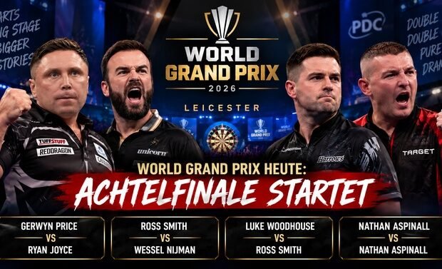Gerwyn Price, Ross Smith, Luke Woodhouse und Nathan Aspinall vor dem Achtelfinale des World Grand Prix 2026 in Leicester