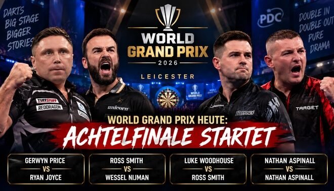 Gerwyn Price, Ross Smith, Luke Woodhouse und Nathan Aspinall vor dem Achtelfinale des World Grand Prix 2026 in Leicester
