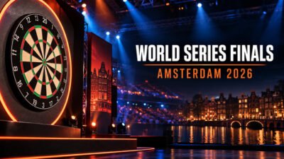 World Series of Darts Finals 2026 in Amsterdam mit Dartscheibe und beleuchteter Arena