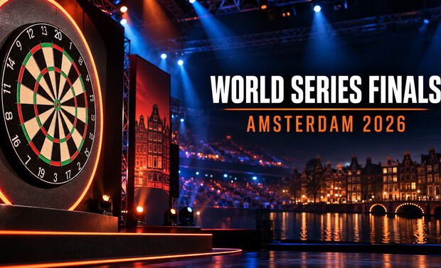 World Series of Darts Finals 2026 in Amsterdam mit Dartscheibe und beleuchteter Arena