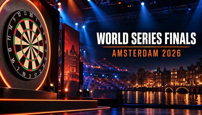 World Series of Darts Finals 2026 in Amsterdam mit Dartscheibe und beleuchteter Arena