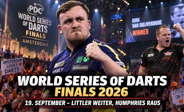Luke Littler und Dirk van Duijvenbode nach ihren Siegen bei den World Series of Darts Finals 2026 in Amsterdam