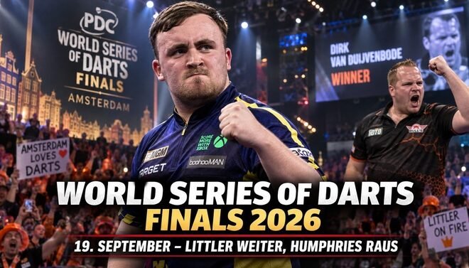 Luke Littler und Dirk van Duijvenbode nach ihren Siegen bei den World Series of Darts Finals 2026 in Amsterdam