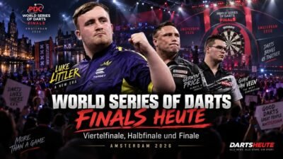 Luke Littler, Gerwyn Price und Gian van Veen vor dem Finaltag der World Series of Darts Finals 2026 in Amsterdam