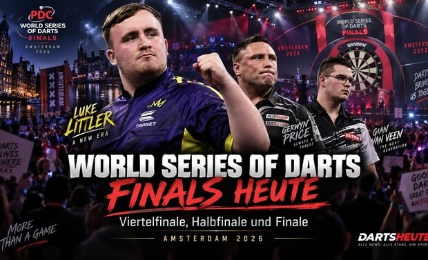 Luke Littler, Gerwyn Price und Gian van Veen vor dem Finaltag der World Series of Darts Finals 2026 in Amsterdam