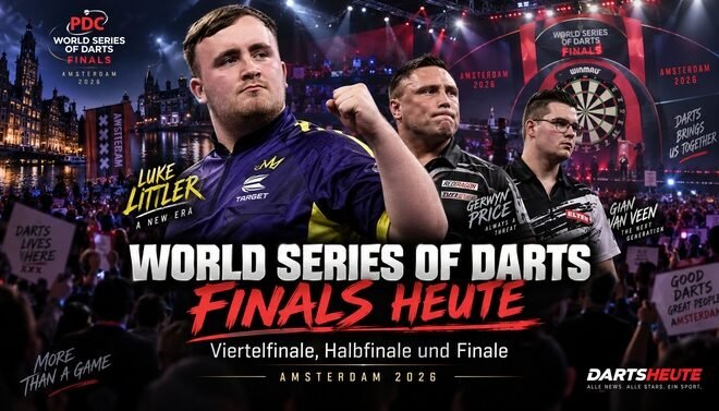 Luke Littler, Gerwyn Price und Gian van Veen vor dem Finaltag der World Series of Darts Finals 2026 in Amsterdam