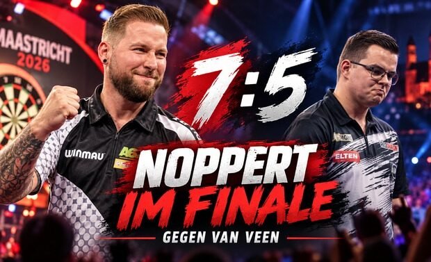 Danny Noppert besiegt Gian van Veen bei der Dutch Darts Championship 2026 mit 7:5 und erreicht das Finale in Maastricht.