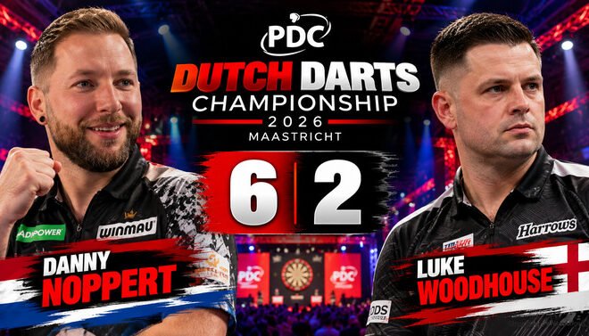 Danny Noppert besiegt Luke Woodhouse bei der Dutch Darts Championship 2026 in Maastricht mit 6:2 und erreicht das Halbfinale.