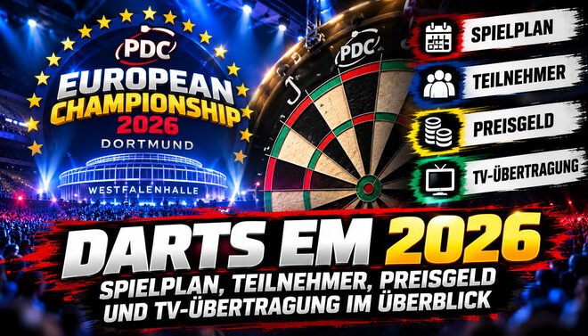 Darts EM 2026 in Dortmund mit Spielplan, 32 Teilnehmern, Preisgeld und Informationen zur TV-Übertragung bei SPORT1 und DAZN.