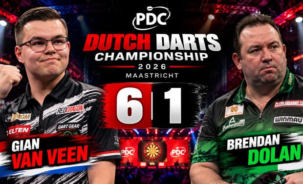 Gian van Veen besiegt Brendan Dolan bei der Dutch Darts Championship 2026 in Maastricht mit 6:1 und erreicht das Viertelfinale.