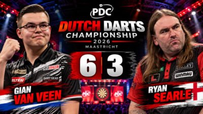 Gian van Veen besiegt Ryan Searle bei der Dutch Darts Championship 2026 mit 6:3 und erreicht das Halbfinale in Maastricht.