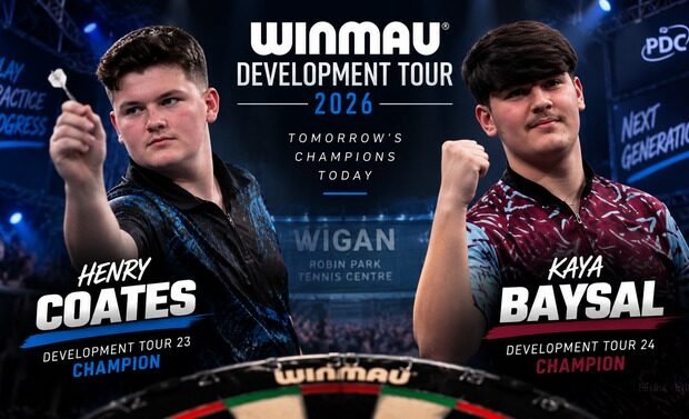 Henry Coates und Kaya Baysal als Sieger der Winmau Development Tour in Wigan