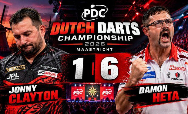 Jonny Clayton verliert bei der Dutch Darts Championship 2026 mit 1:6 gegen Damon Heta und scheidet als Titelverteidiger aus.