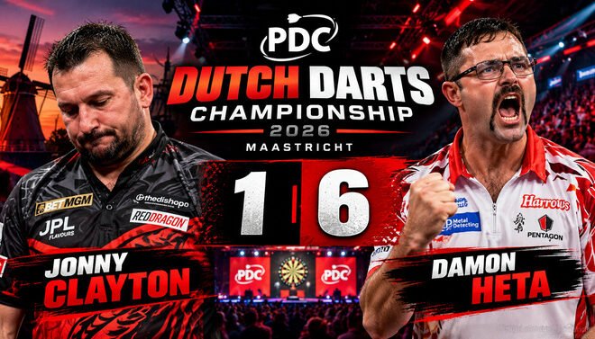 Jonny Clayton verliert bei der Dutch Darts Championship 2026 mit 1:6 gegen Damon Heta und scheidet als Titelverteidiger aus.