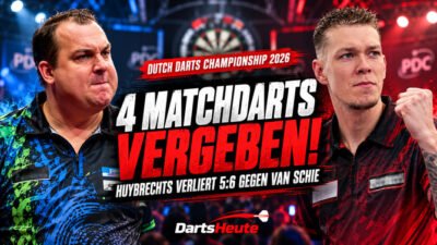 Kim Huybrechts vergibt vier Matchdarts und verliert bei der Dutch Darts Championship 2026 mit 5:6 gegen Jimmy van Schie.