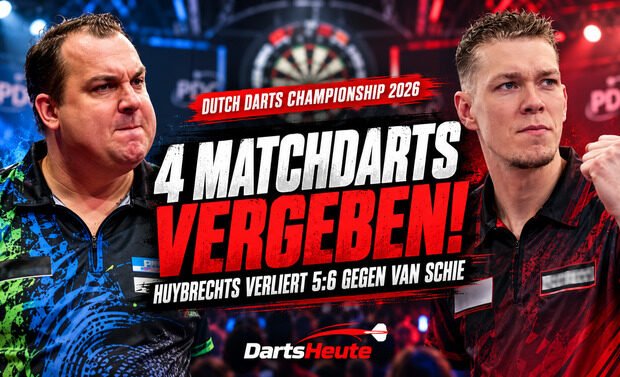 Kim Huybrechts vergibt vier Matchdarts und verliert bei der Dutch Darts Championship 2026 mit 5:6 gegen Jimmy van Schie.