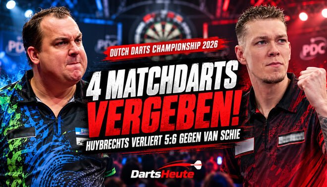Kim Huybrechts vergibt vier Matchdarts und verliert bei der Dutch Darts Championship 2026 mit 5:6 gegen Jimmy van Schie.