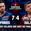 Luke Humphries besiegt Mensur Suljovic mit 7:4 im Halbfinale der Swiss Darts Trophy 2026 in Basel.