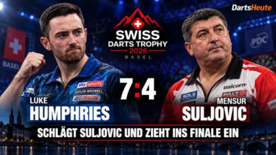 Luke Humphries besiegt Mensur Suljovic mit 7:4 im Halbfinale der Swiss Darts Trophy 2026 in Basel.
