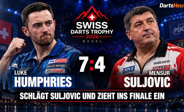 Luke Humphries besiegt Mensur Suljovic mit 7:4 im Halbfinale der Swiss Darts Trophy 2026 in Basel.