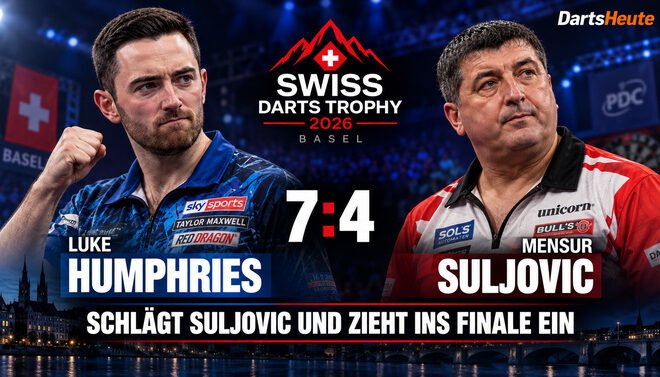 Luke Humphries besiegt Mensur Suljovic mit 7:4 im Halbfinale der Swiss Darts Trophy 2026 in Basel.
