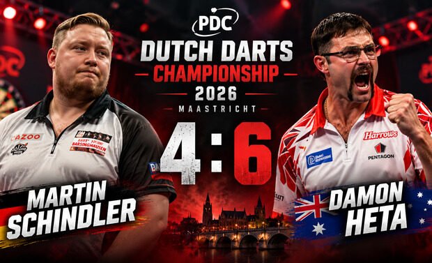 Martin Schindler verliert bei der Dutch Darts Championship 2026 im Achtelfinale mit 4:6 gegen Damon Heta.