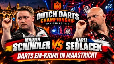 Martin Schindler gegen Karel Sedlacek bei der Dutch Darts Championship 2026 in Maastricht im Kampf um die Darts EM.