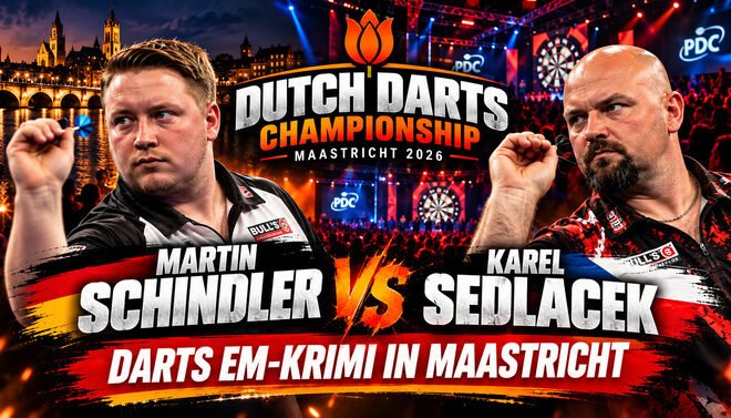 Martin Schindler gegen Karel Sedlacek bei der Dutch Darts Championship 2026 in Maastricht im Kampf um die Darts EM.