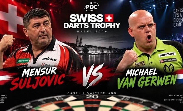 Mensur Suljovic gegen Michael van Gerwen bei der Swiss Darts Trophy 2026 in Basel