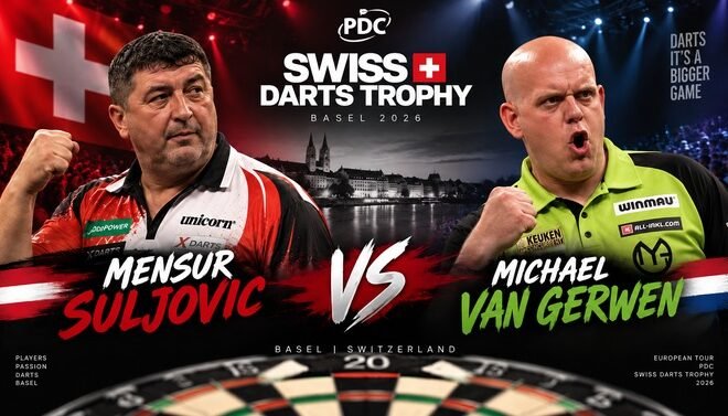 Mensur Suljovic gegen Michael van Gerwen bei der Swiss Darts Trophy 2026 in Basel