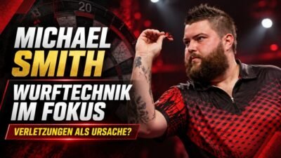 Michael Smith bei der Wurfausführung. Der ehemalige Darts-Weltmeister kämpft mit Verletzungen und möglichen Veränderungen seiner Wurftechnik.