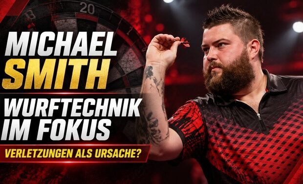 Michael Smith bei der Wurfausführung. Der ehemalige Darts-Weltmeister kämpft mit Verletzungen und möglichen Veränderungen seiner Wurftechnik.
