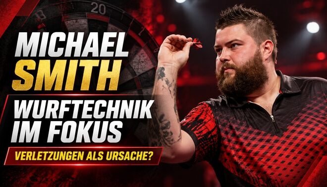 Michael Smith bei der Wurfausführung. Der ehemalige Darts-Weltmeister kämpft mit Verletzungen und möglichen Veränderungen seiner Wurftechnik.