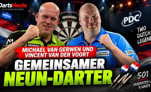 Michael van Gerwen und Vincent van der Voort werfen gemeinsam einen Neun-Darter während eines Darts-Livestreams.